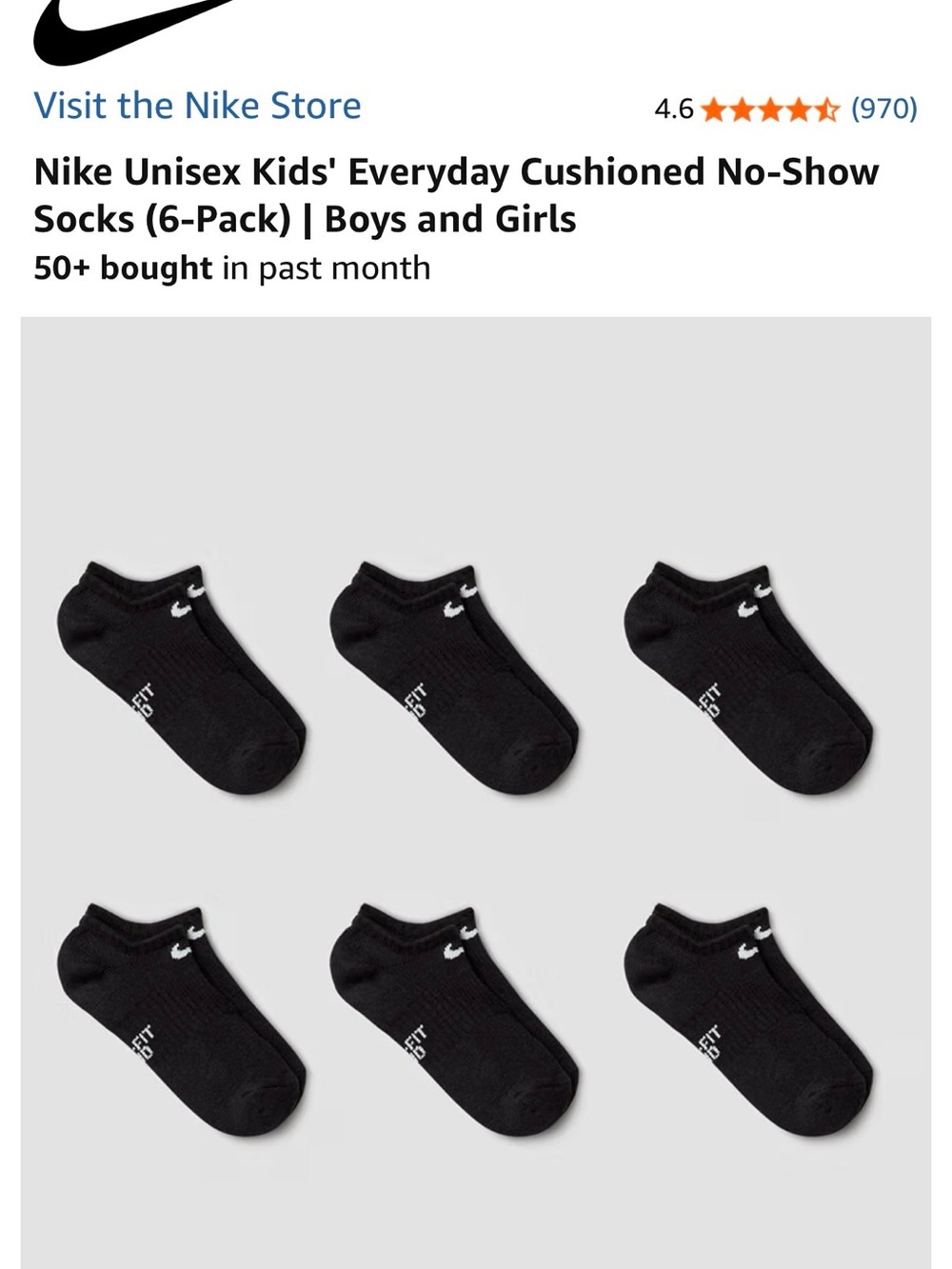 Nike Black No-Show Cushioned Socks - 6-Pack